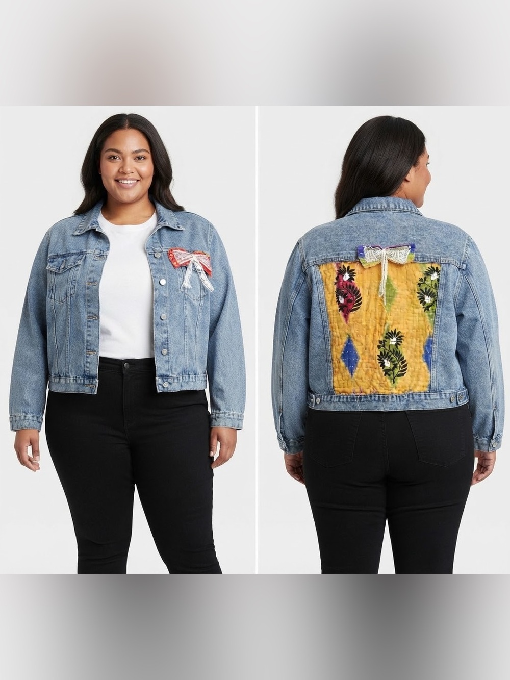 Upcycled Denim Jacket with Lace Bow Accent